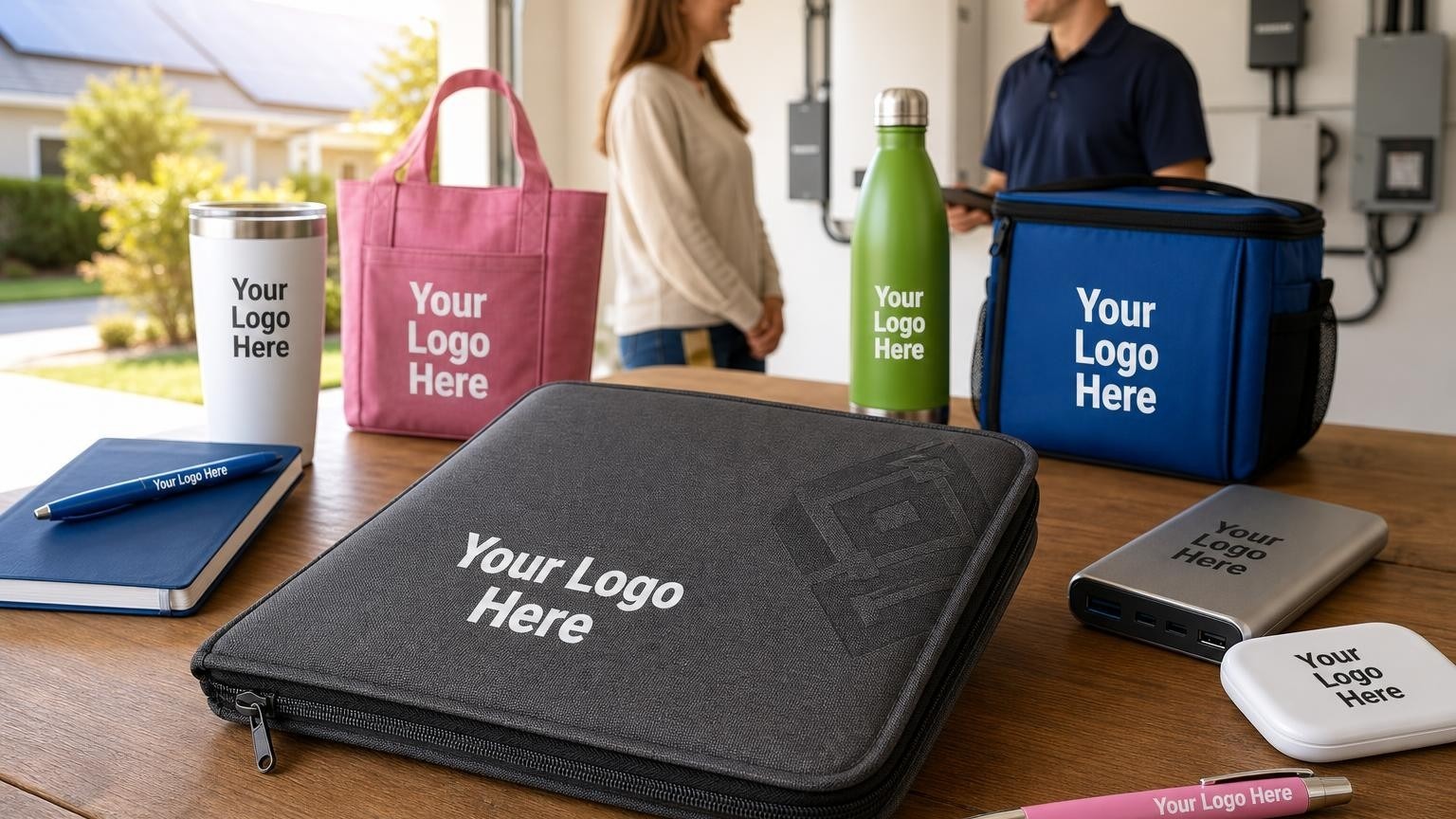A durable charcoal zippered document portfolio and a portable power bank on a wooden table in a residential garage with solar equipment blurred in the background.
