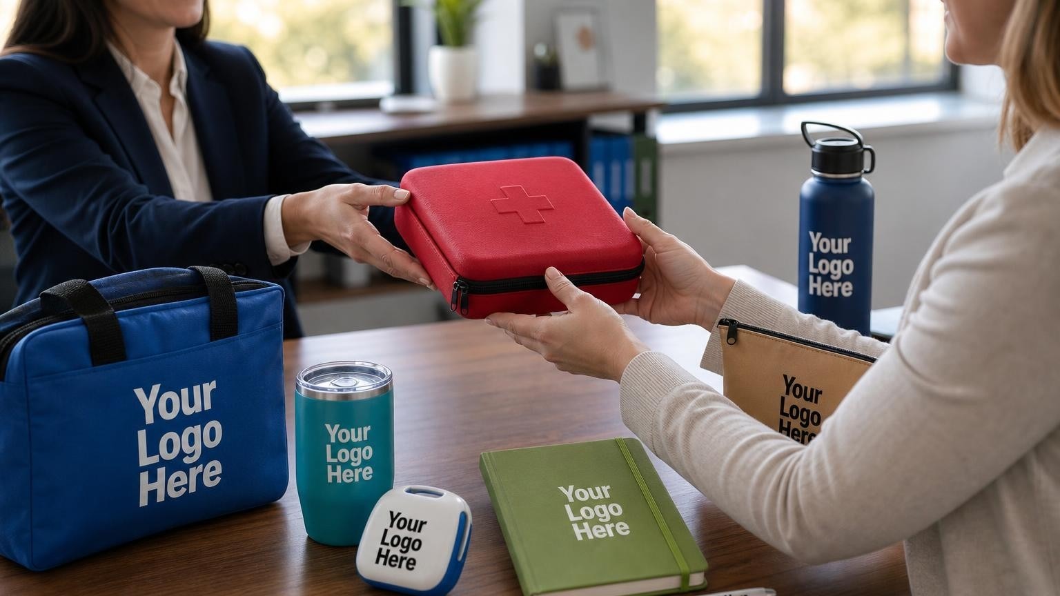A custom co-branded first aid kit being presented to a corporate HR director during an occupational health partnership meeting.