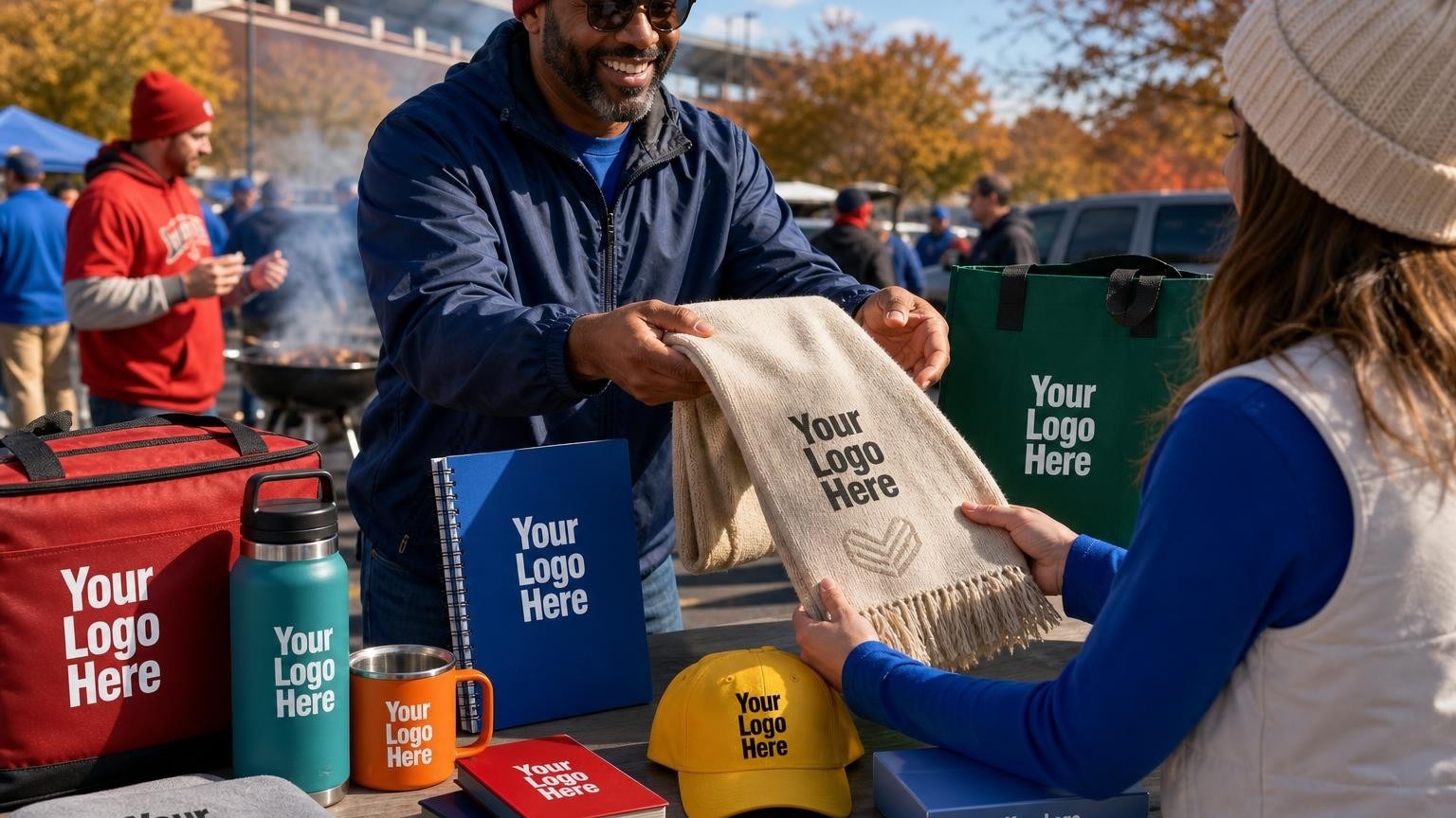 A custom supporter scarf being handed to a fan club member at a pre-game tailgate party in a stadium parking lot.