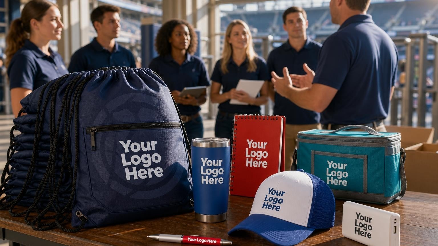 Branded drawstring bags prepared for stadium gate distribution during a game-day fan engagement promotion.