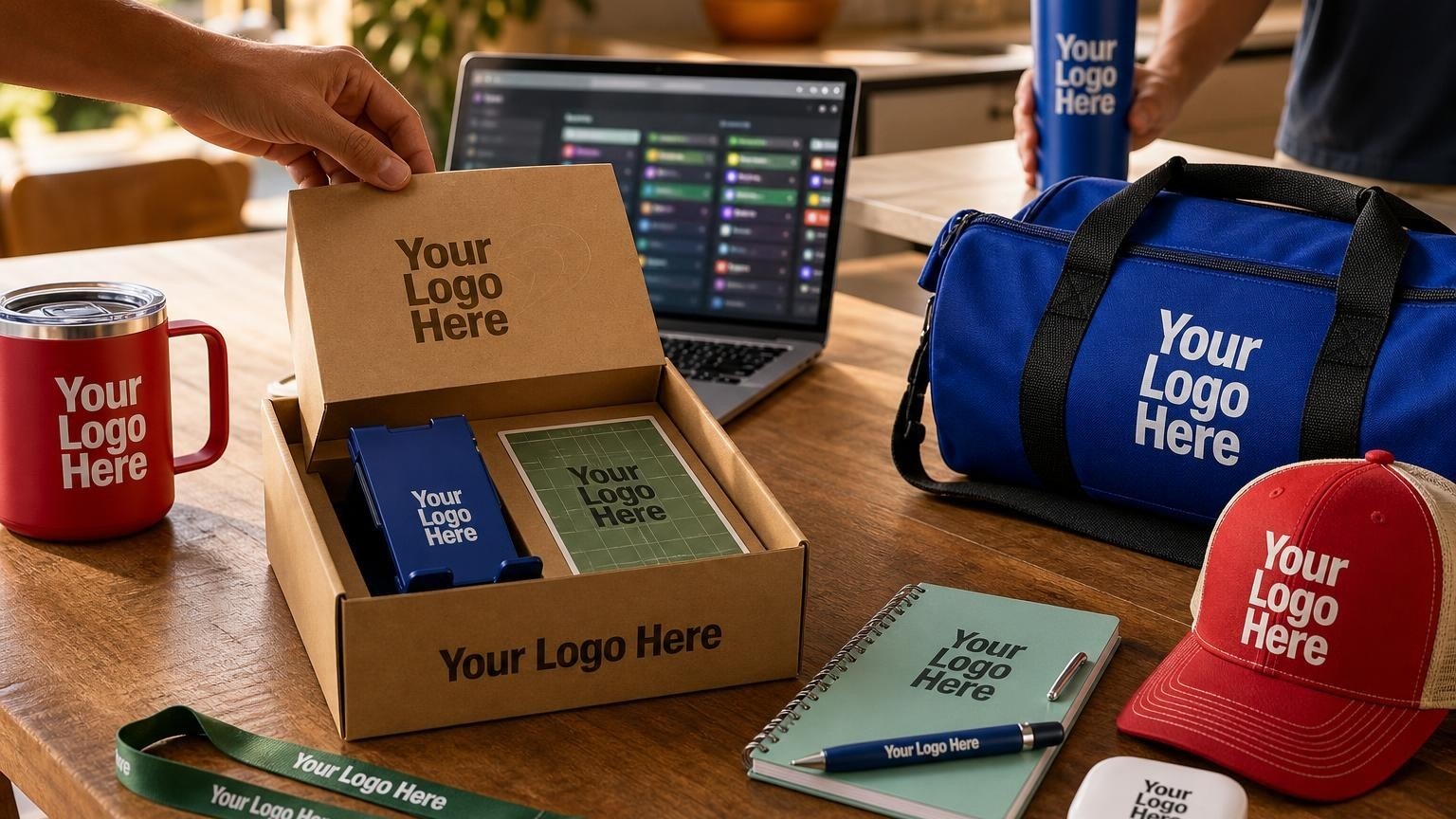 A custom fantasy sports welcome box on a table next to a laptop showing a draft board.