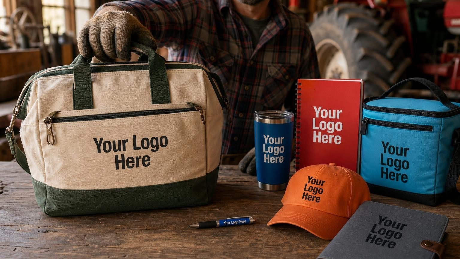 A custom canvas gear bag sitting on a wooden workbench inside a farm workshop with tractor parts blurred in the background.