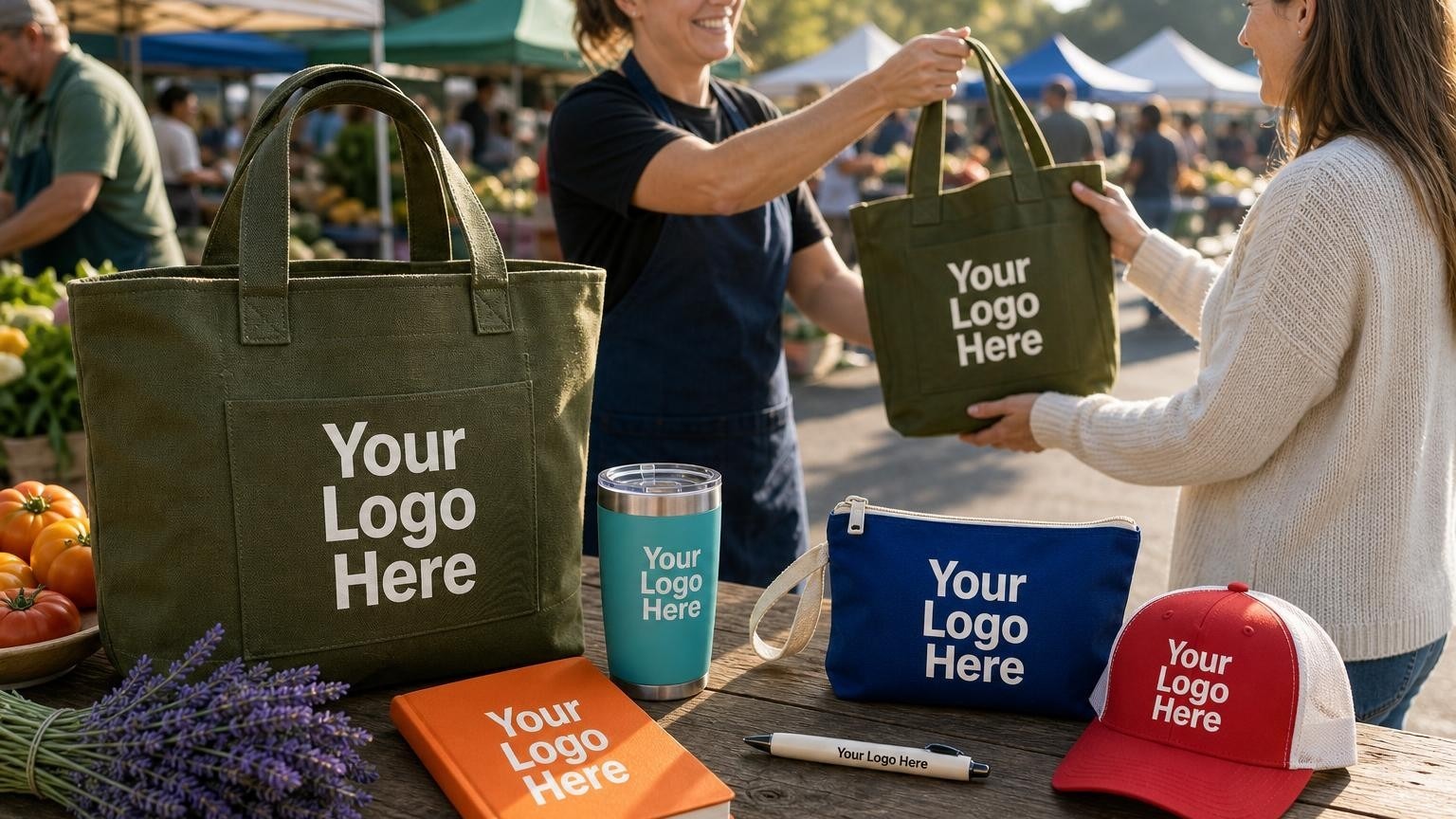 A custom canvas tote bag on a rustic table at an outdoor farmers market setup.