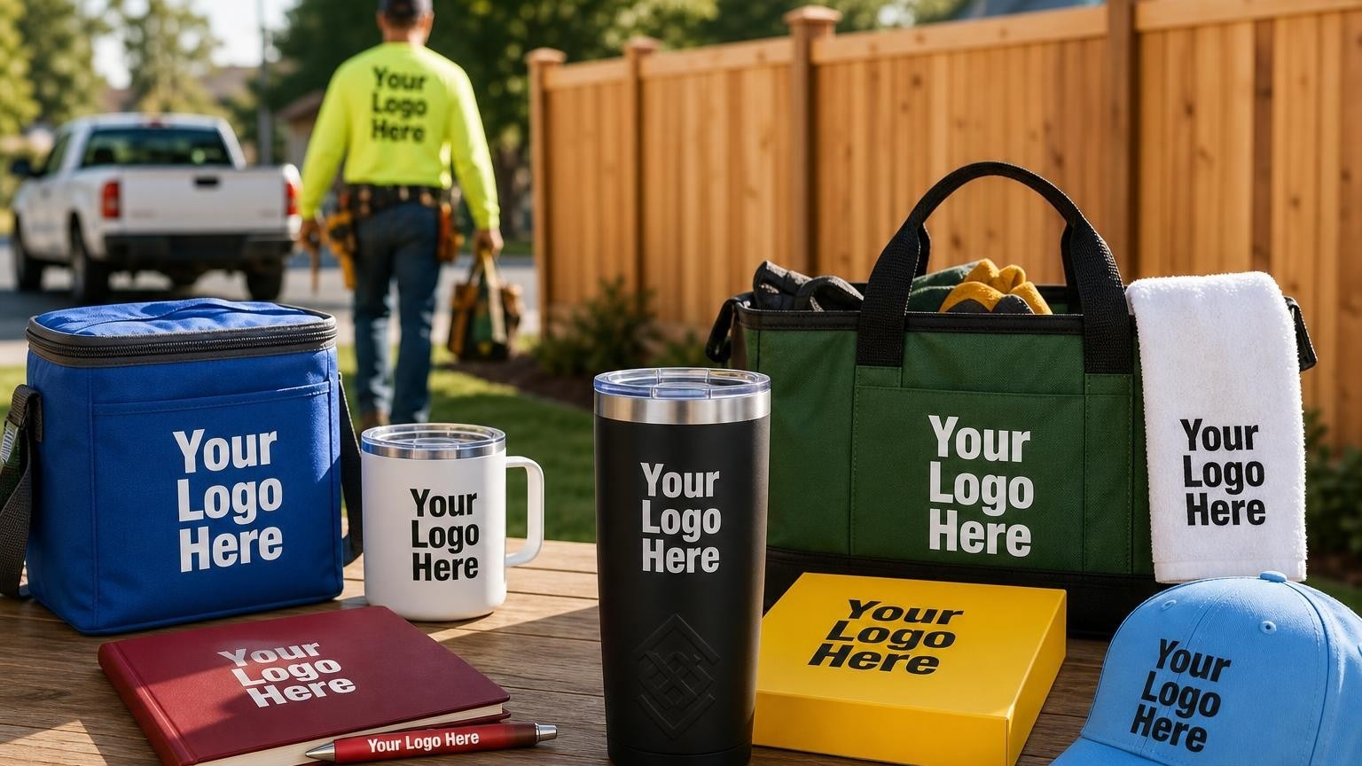 A high-quality custom tumbler sitting on a patio table in front of a newly installed cedar privacy fence.