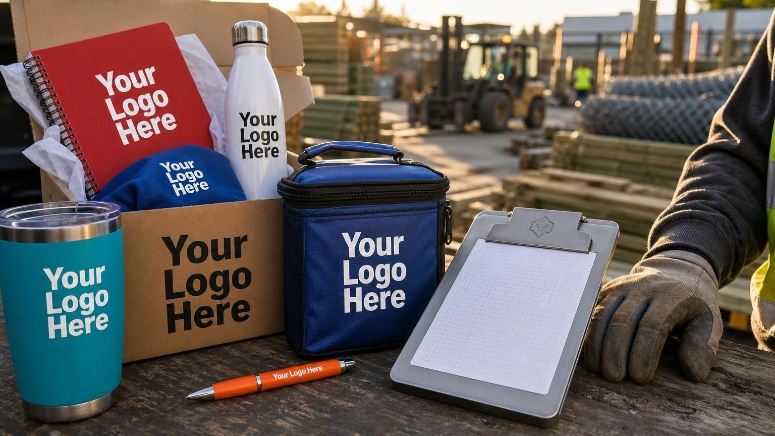 A custom branded aluminum clipboard resting on a truck tailgate in a busy fence material supply yard.