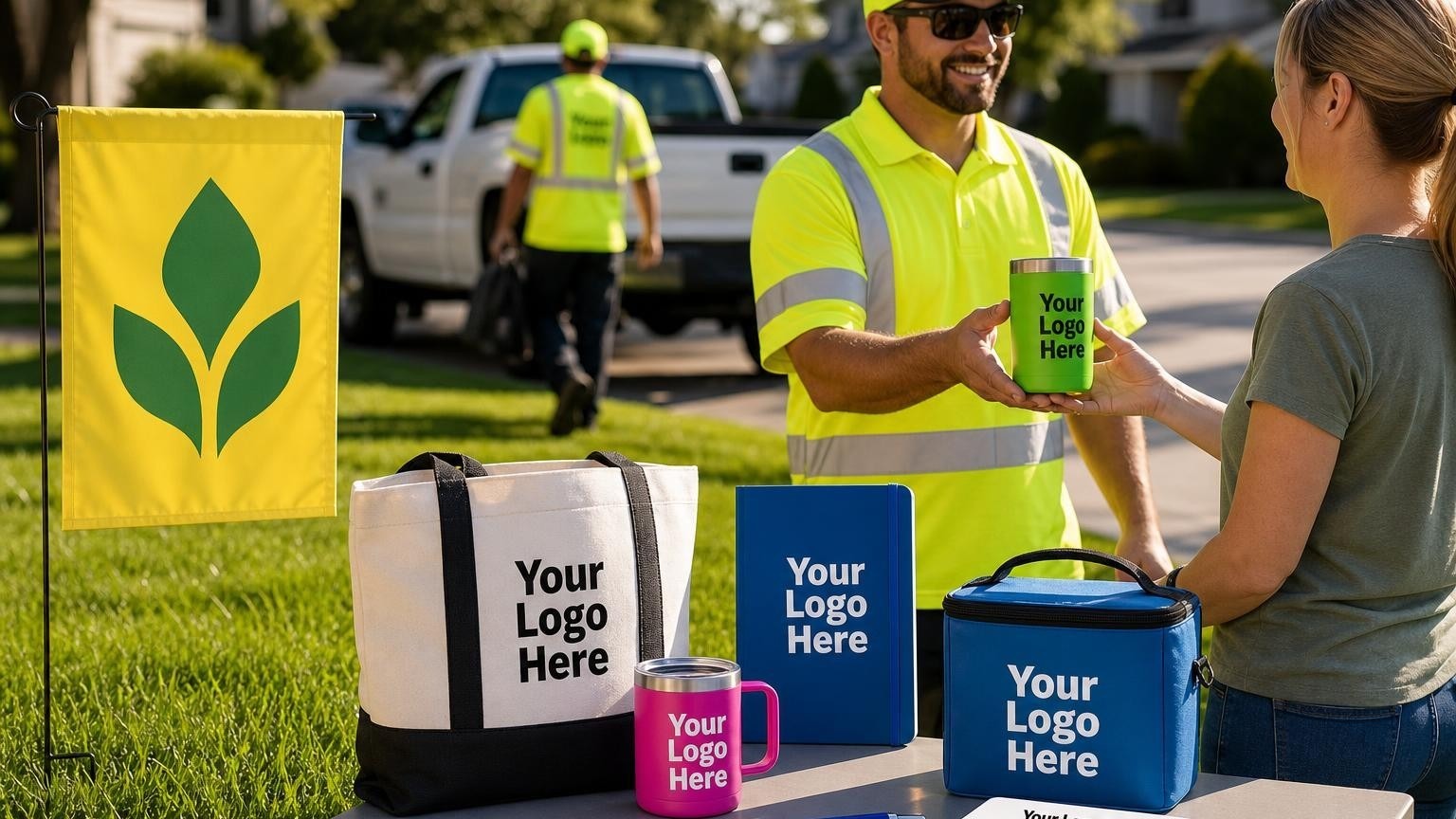 A custom-printed yellow yard flag placed in a green residential lawn with a technician in safety apparel in the background.