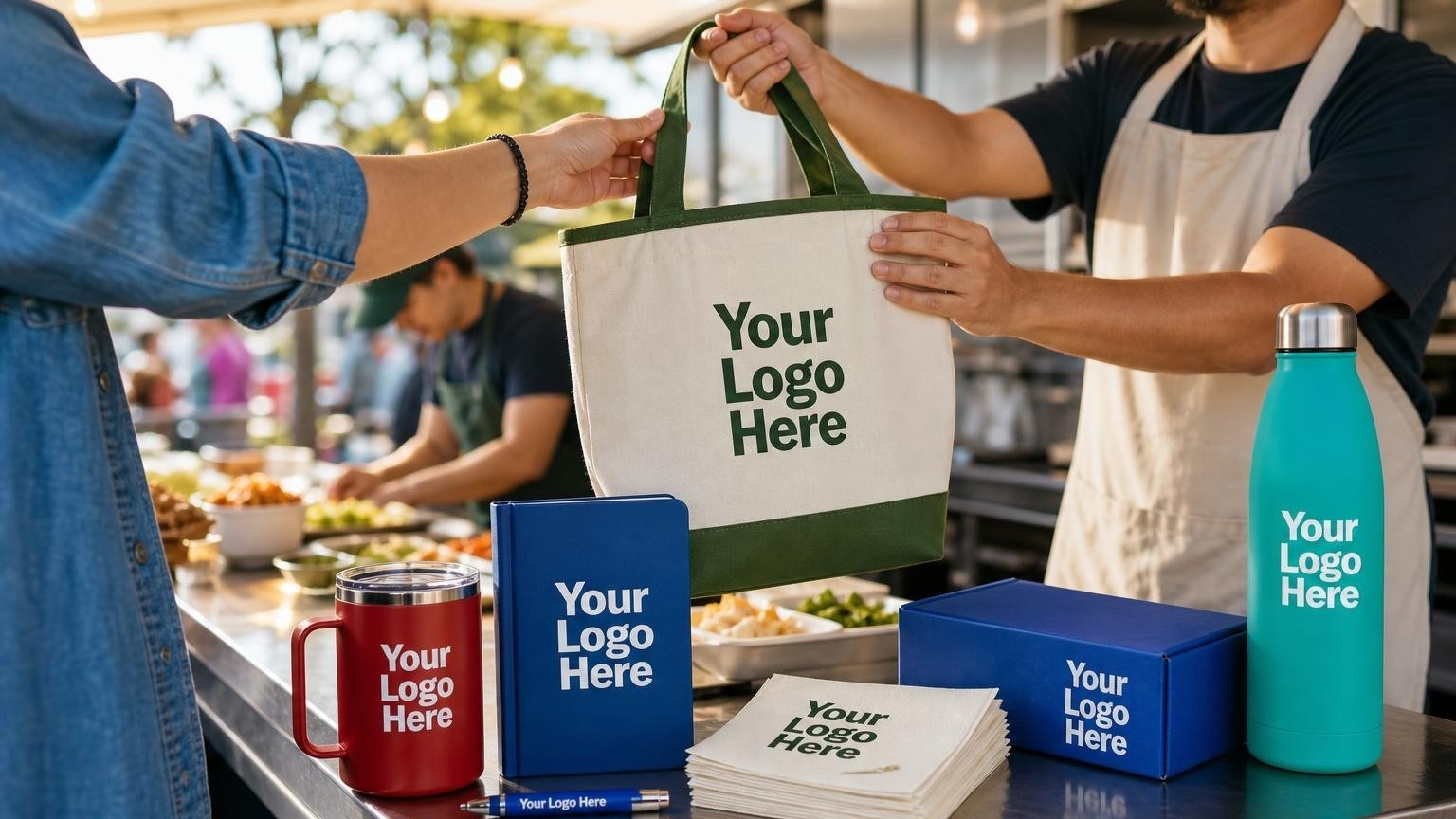 Custom printed napkins on a stainless steel counter of a busy festival food booth.
