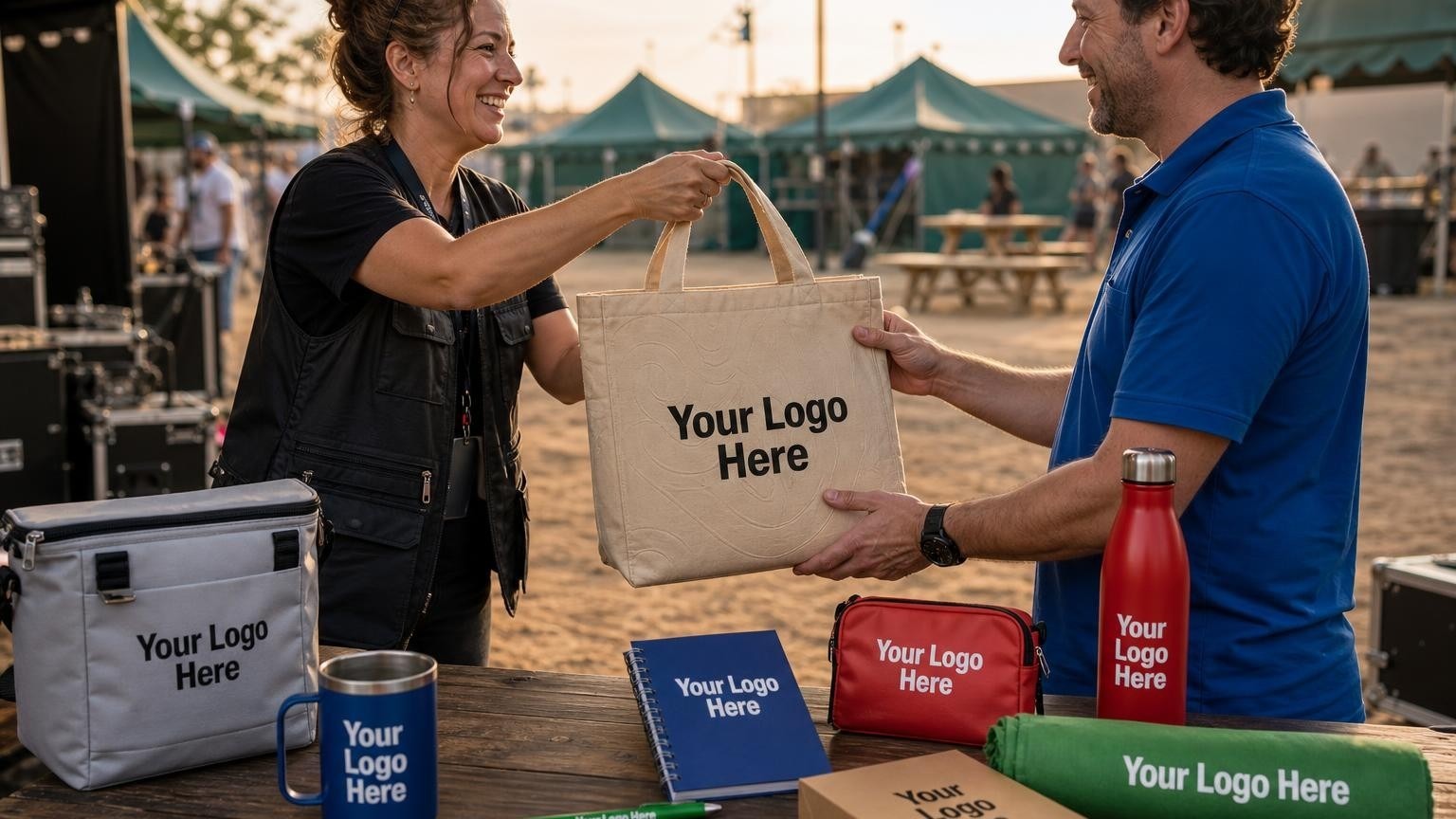 An event director handing a custom canvas tote bag to a corporate partner in a festival backstage area.