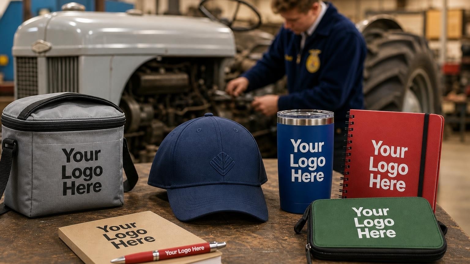 A structured custom navy blue cap resting on a wooden workbench in an agricultural mechanics shop, with a student in a blue corduroy jacket working in the background.