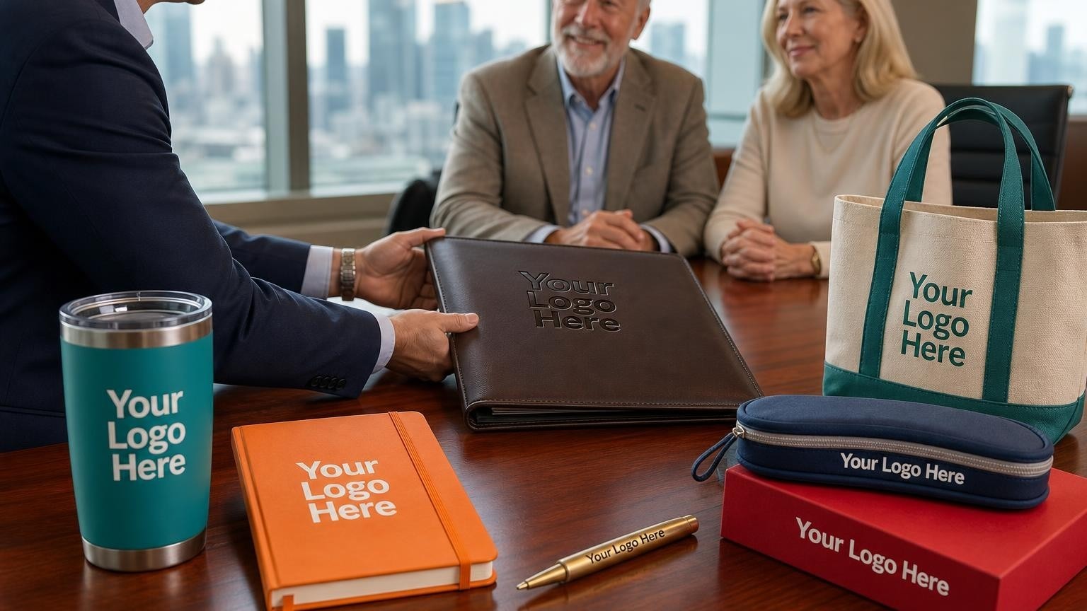 A debossed leather portfolio and weighted brass pen on a mahogany conference table in a financial advisor's office.