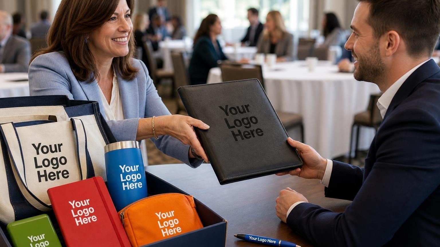 A premium black leatherette portfolio and metal pen on a dark wood table at a financial planning association meeting.