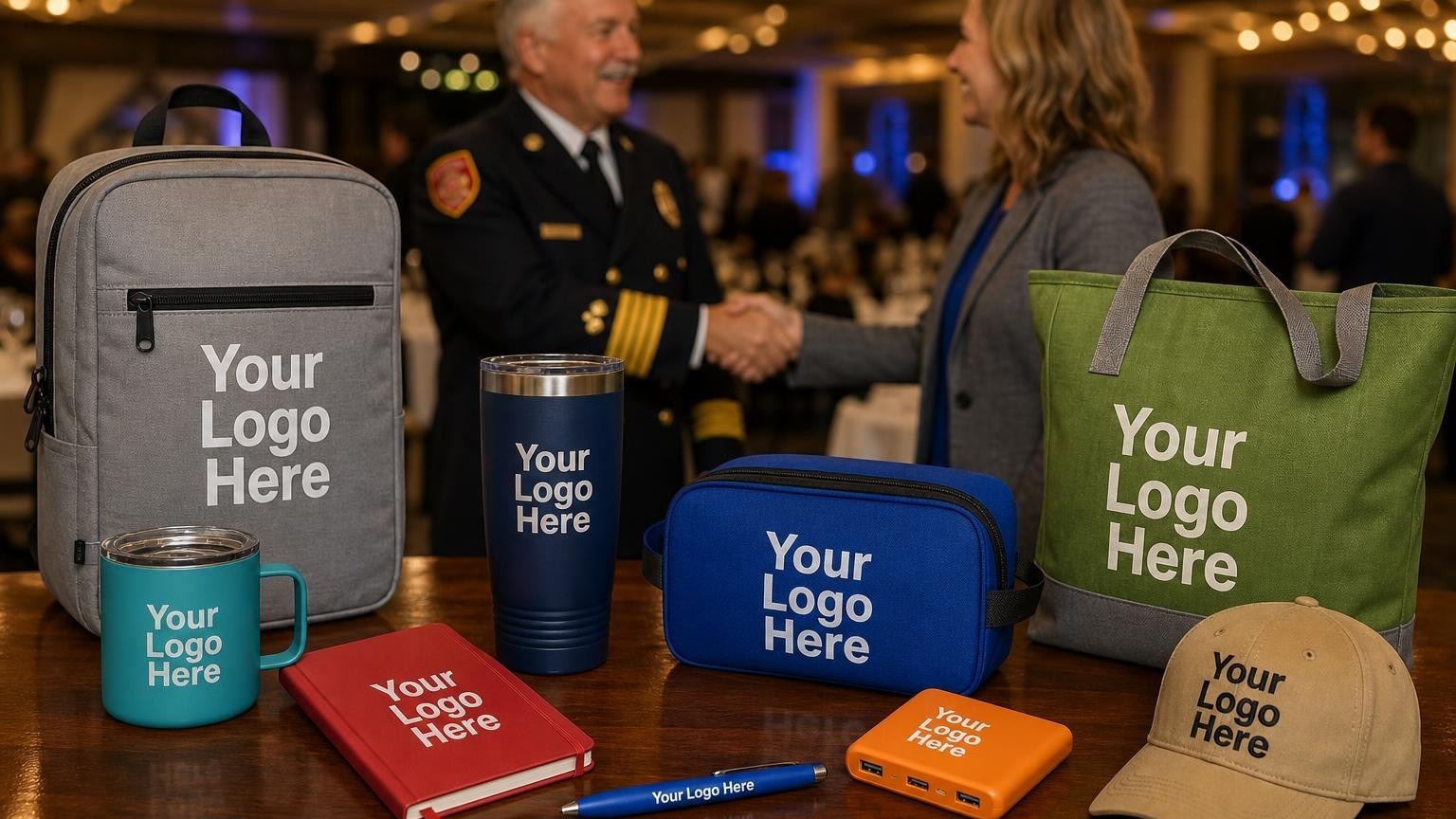 A custom insulated tumbler and presentation folder on a table at a first responder appreciation event.