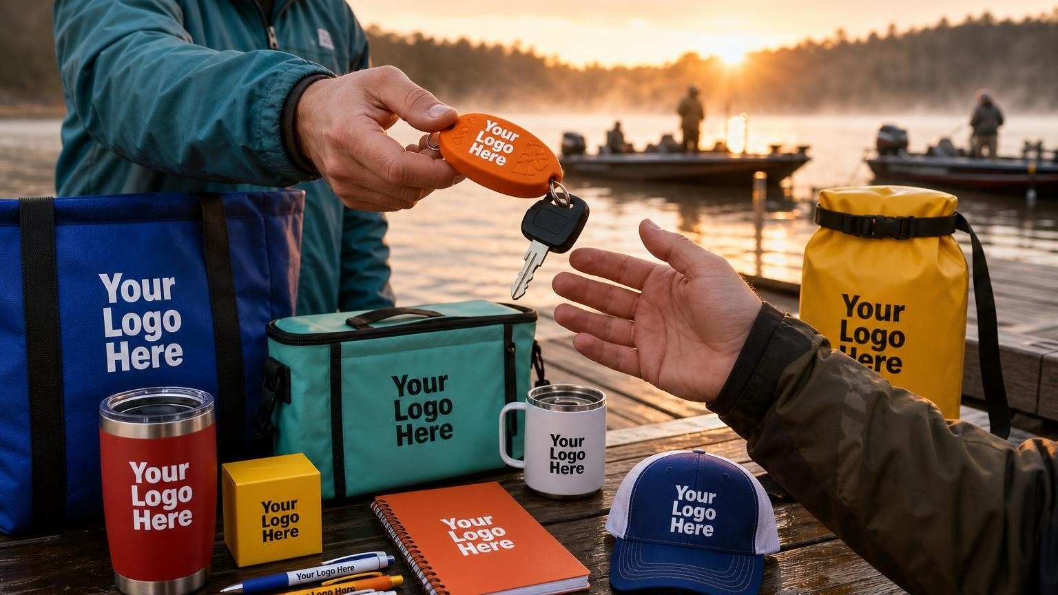 A custom floating foam keychain held over a wet dock during a sunrise fishing tournament launch.