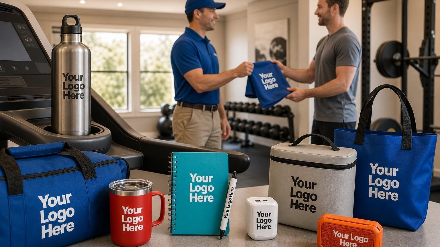 A custom sports water bottle sitting in a treadmill cup holder during a professional home gym installation.