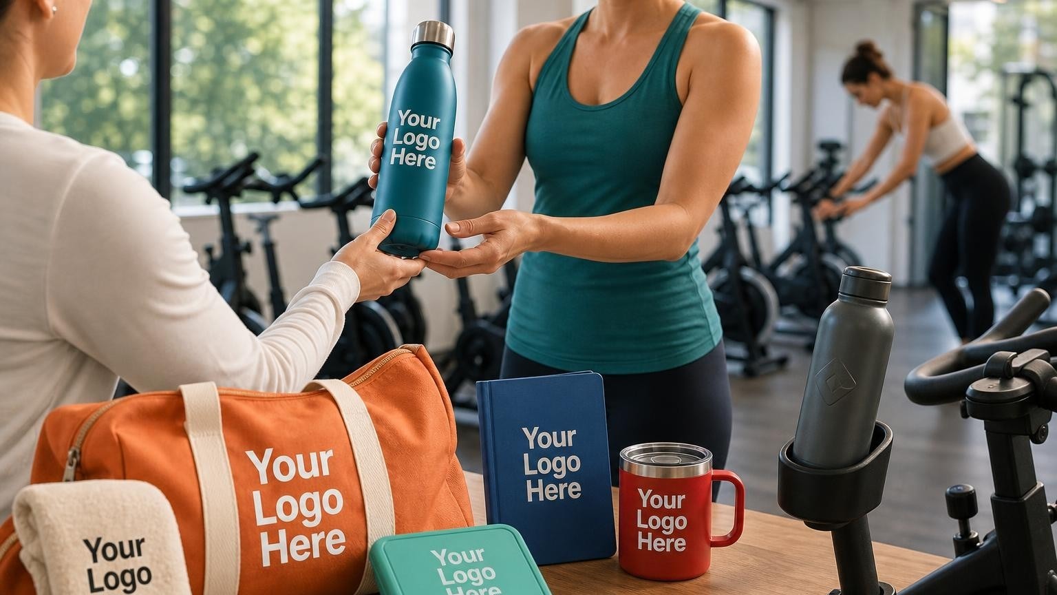 A custom matte-finish stainless steel sports water bottle resting in a spin bike cup holder inside a bright boutique fitness studio.