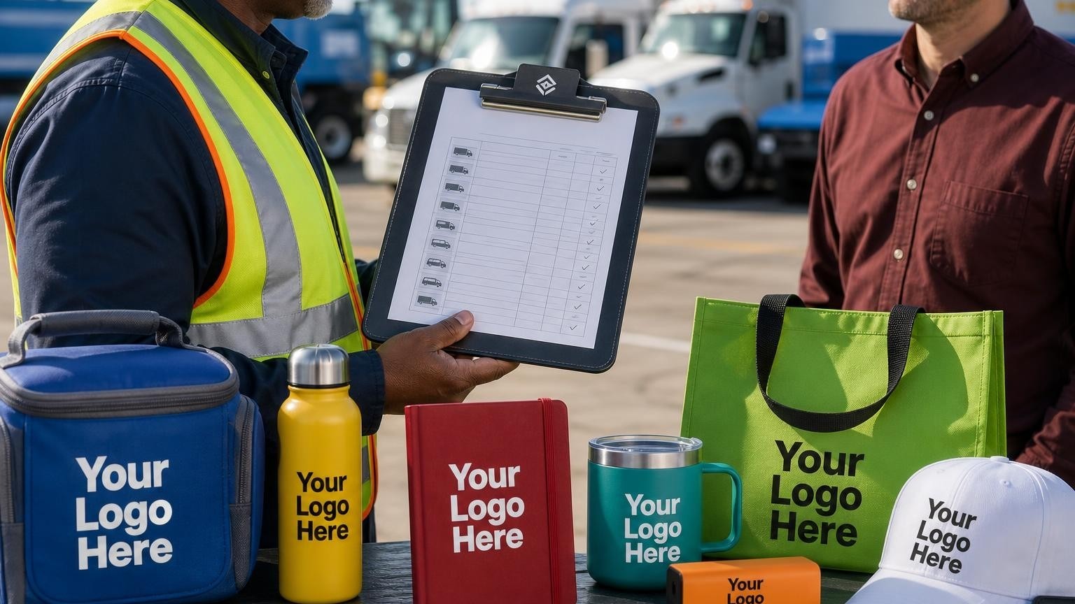 A fleet yard supervisor holding a heavy-duty weather-resistant clipboard with a custom geometric emblem in a commercial truck yard.