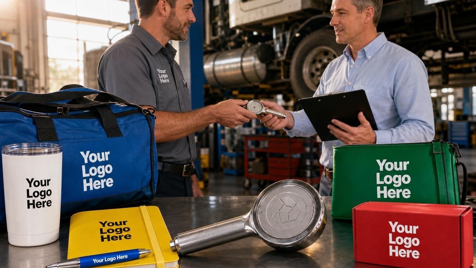 A heavy-duty aluminum tire pressure gauge with a custom geometric mark on a workbench in a fleet maintenance garage.