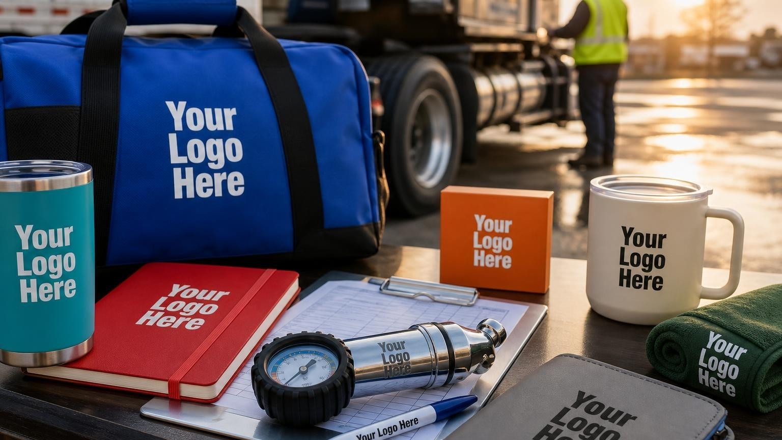 A heavy-duty dual-foot tire pressure gauge resting on an aluminum clipboard with a vehicle inspection checklist, with a commercial truck and driver blurred in the background at dawn.