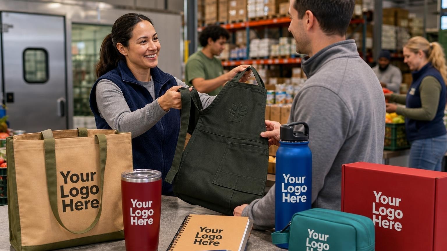 A volunteer coordinator handing a durable custom utility apron to a volunteer in a busy food bank warehouse.