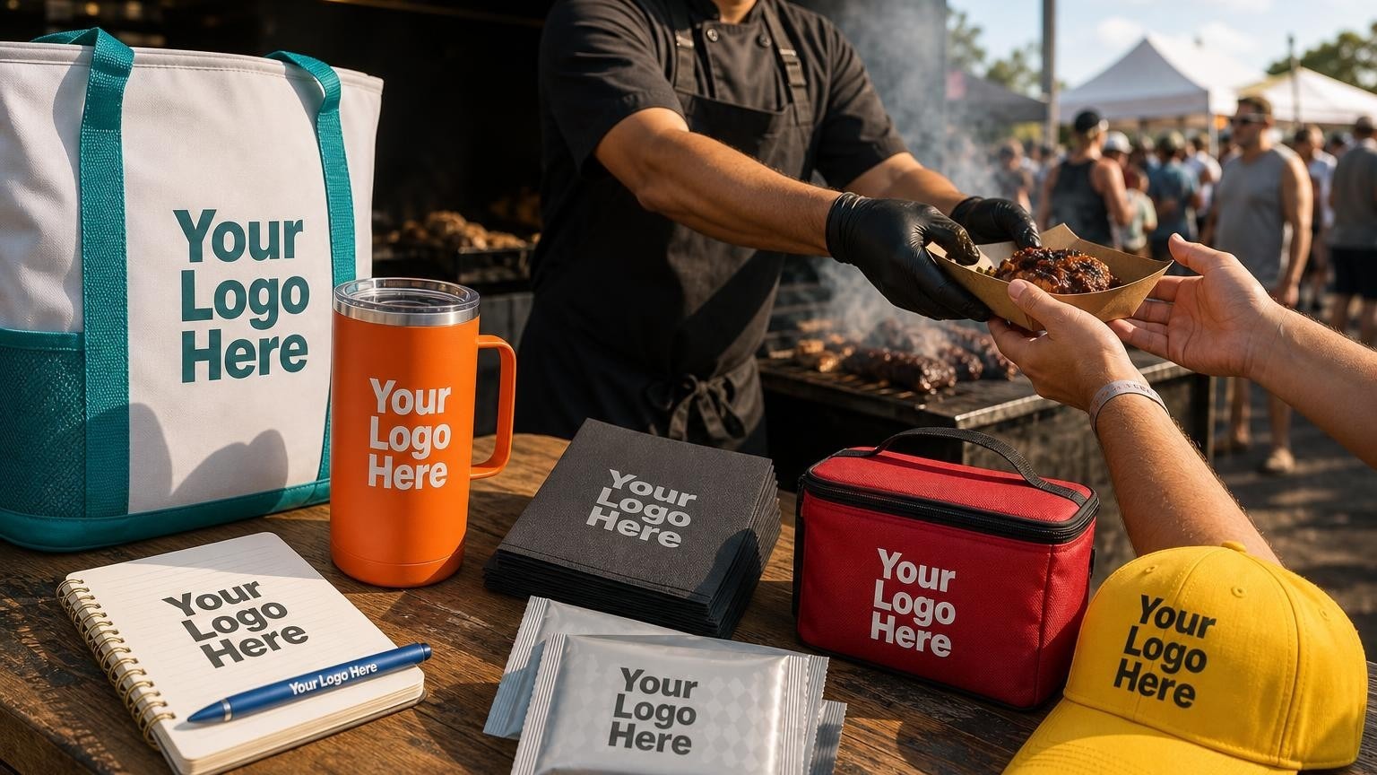 Custom-branded paper napkins and wet wipes on a rustic wooden counter at a food festival booth with a chef serving food in the background.