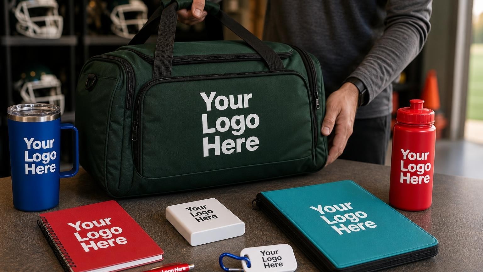 A durable custom athletic gear bag resting on a wooden bench inside a football equipment shed.