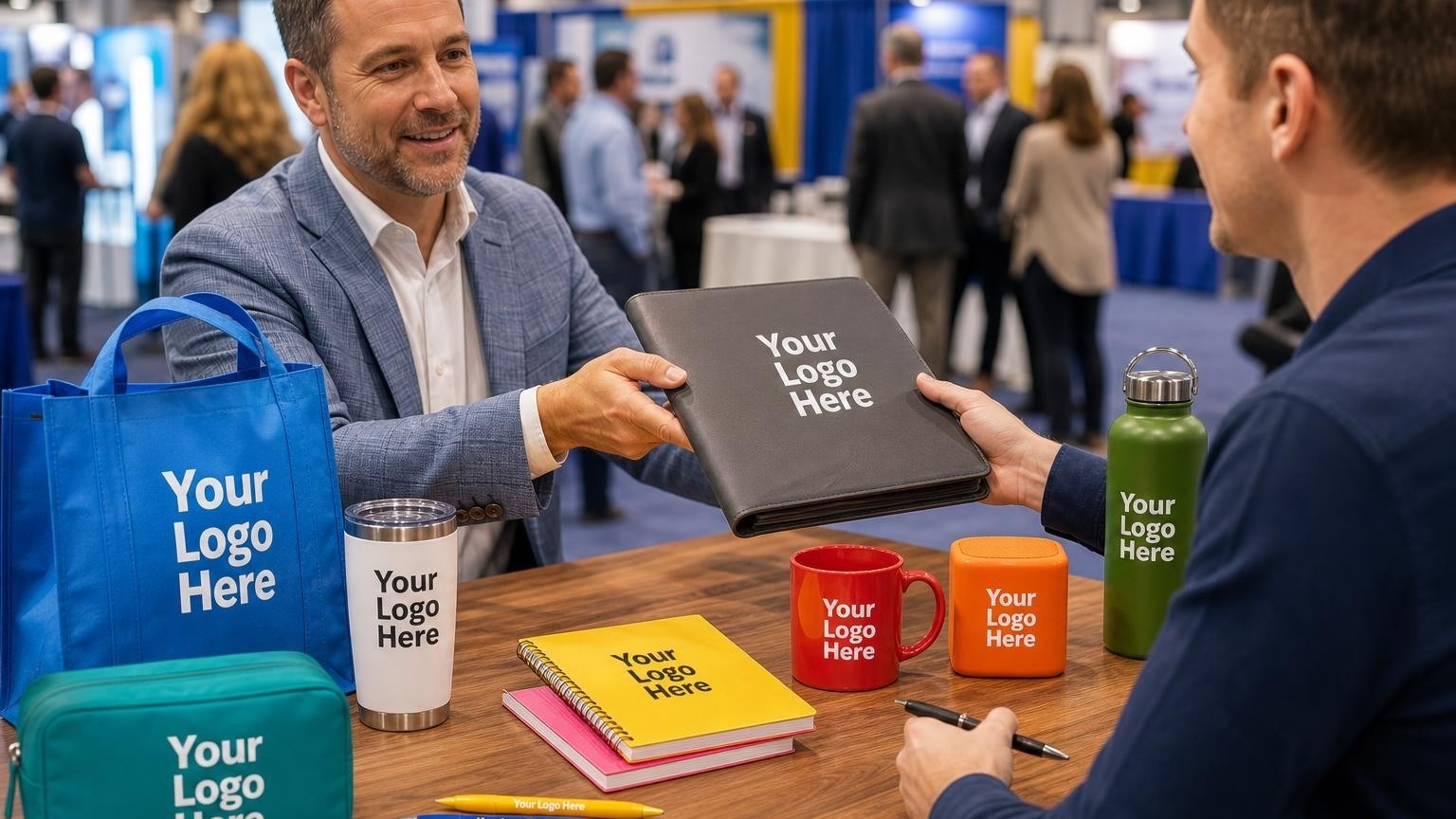 A professional padfolio with a subtle debossed emblem being presented to a franchise prospect at an exhibition booth.