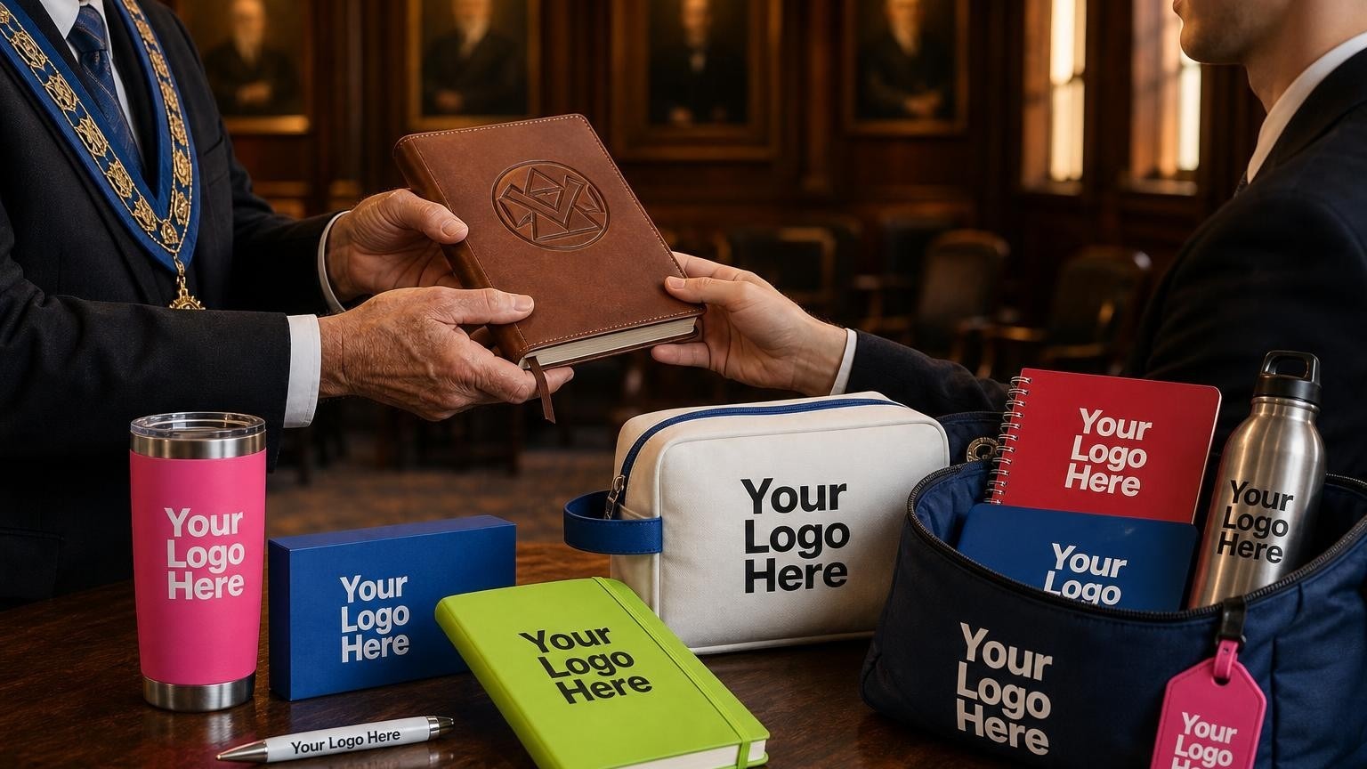 A custom debossed leather journal being handed to a new initiate in a historic lodge room.