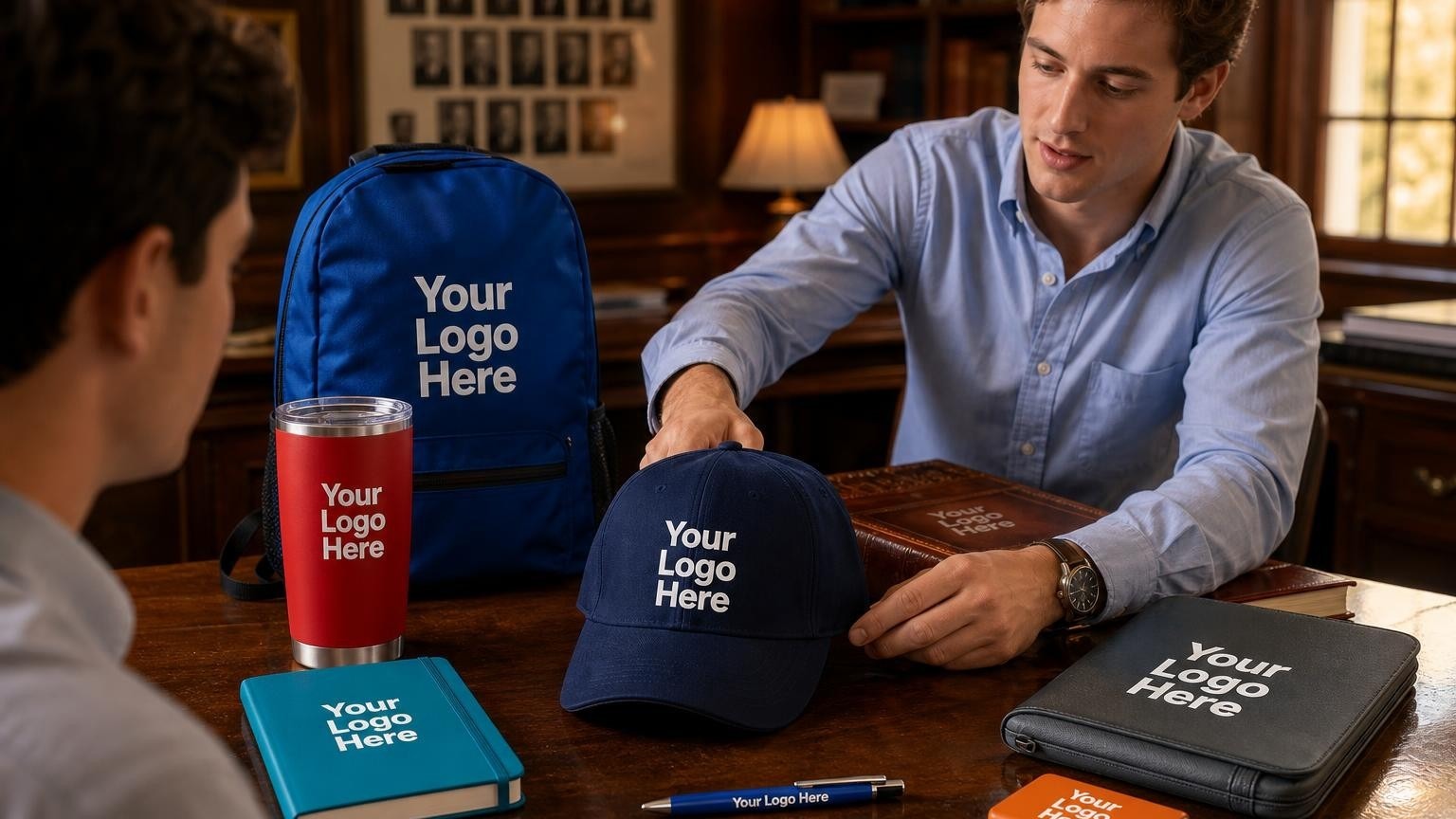 A high-quality custom embroidered fraternity cap resting on a wooden table inside a chapter house library.