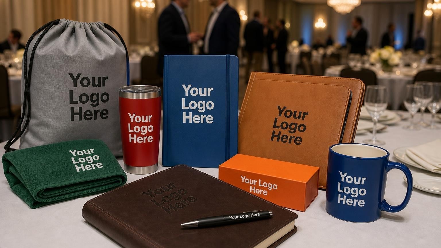 An elegant leather journal and engraved metal pen set on a formal dinner table at a fraternity alumni fundraising banquet.