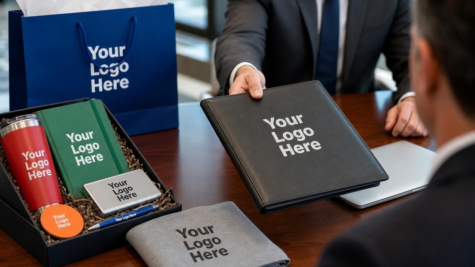 A custom debossed leather portfolio being presented on a mahogany boardroom table during an enterprise contract signing.