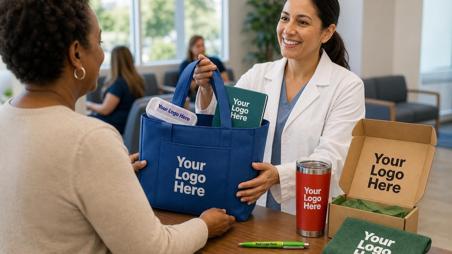 A custom wellness welcome kit being handed to a patient at a free clinic reception counter.