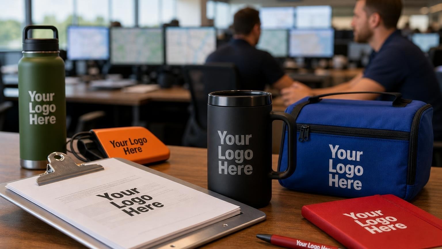 A custom insulated travel mug and aluminum clipboard on a freight broker's desk with a blurred dispatch floor in the background.