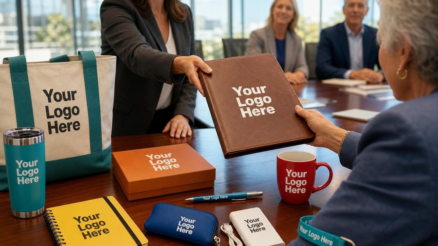 A custom debossed leather portfolio and presentation box on a boardroom table during a capital campaign kickoff meeting.