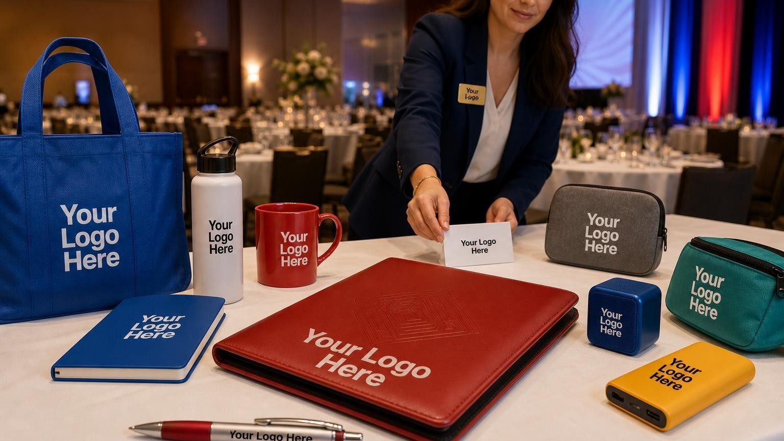 A custom leatherette portfolio and heavy metal pen placed on a white linen tablecloth in a hotel ballroom prepared for a fundraising gala.