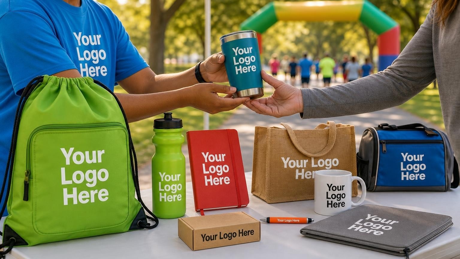 A custom green drawstring bag and matching sports water bottle on a registration table at an outdoor fundraising walk.