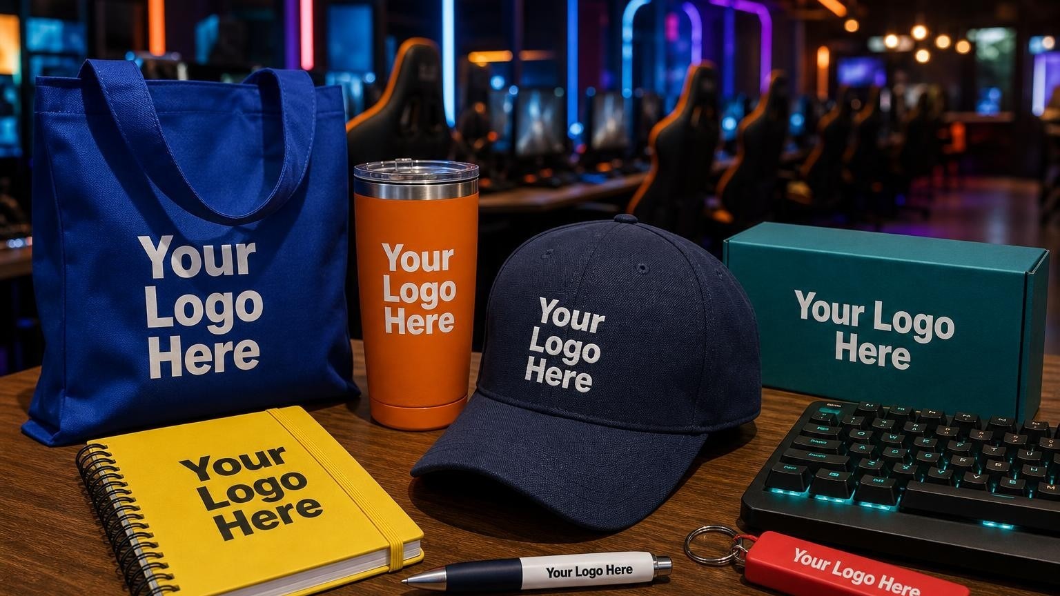 A custom embroidered baseball cap resting on a desk next to a welcome box in a modern gaming lounge.