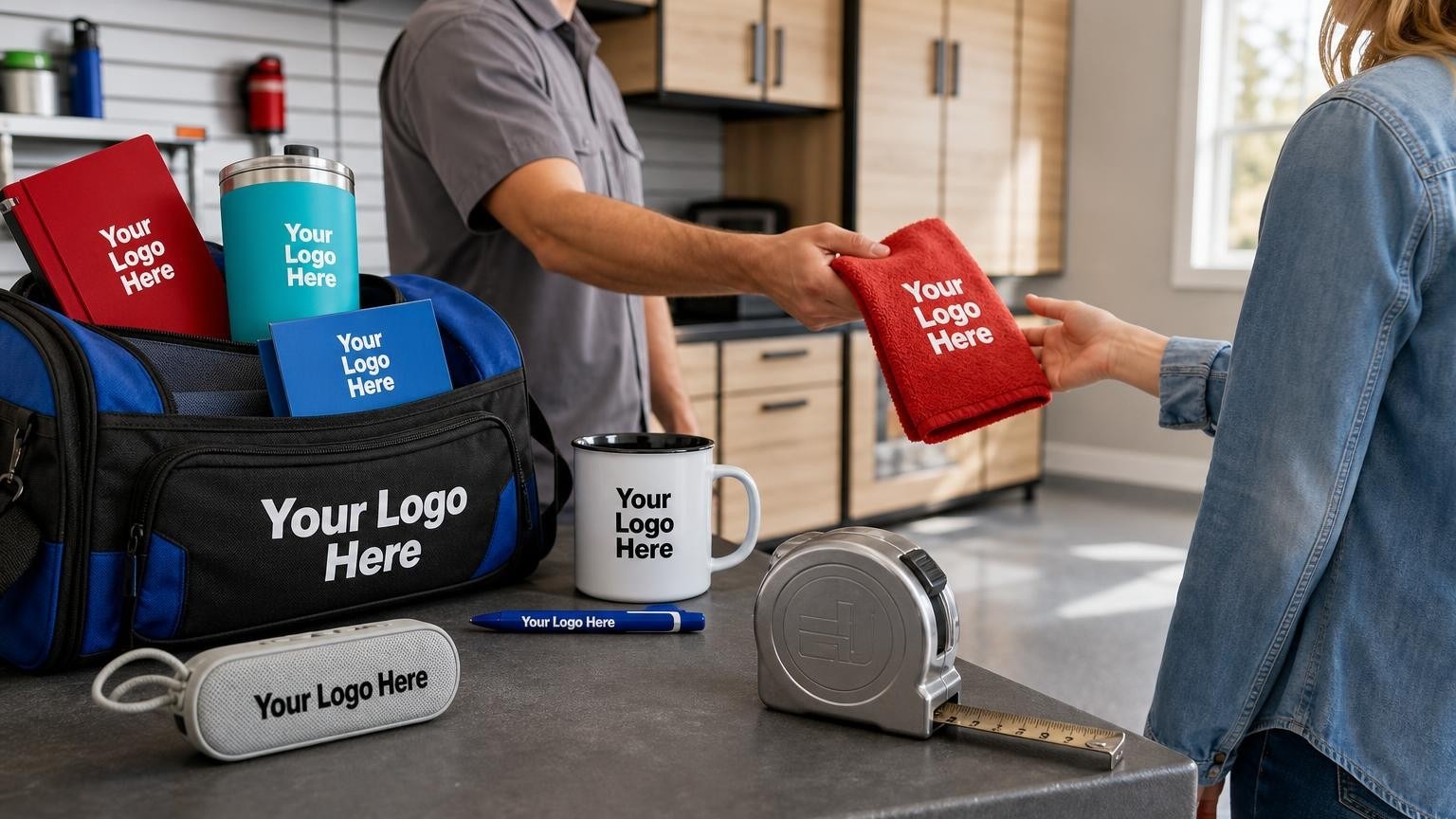A heavy-duty steel tape measure resting on a custom garage workbench with cabinetry in the background.