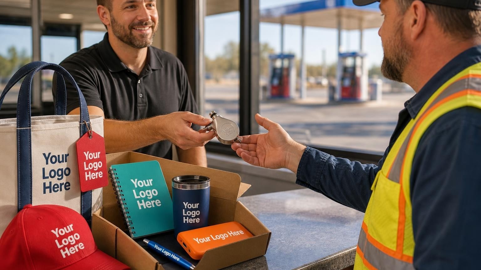A store manager handing a custom tire pressure gauge to a commercial truck driver at a gas station counter, with fuel pumps visible in the background.