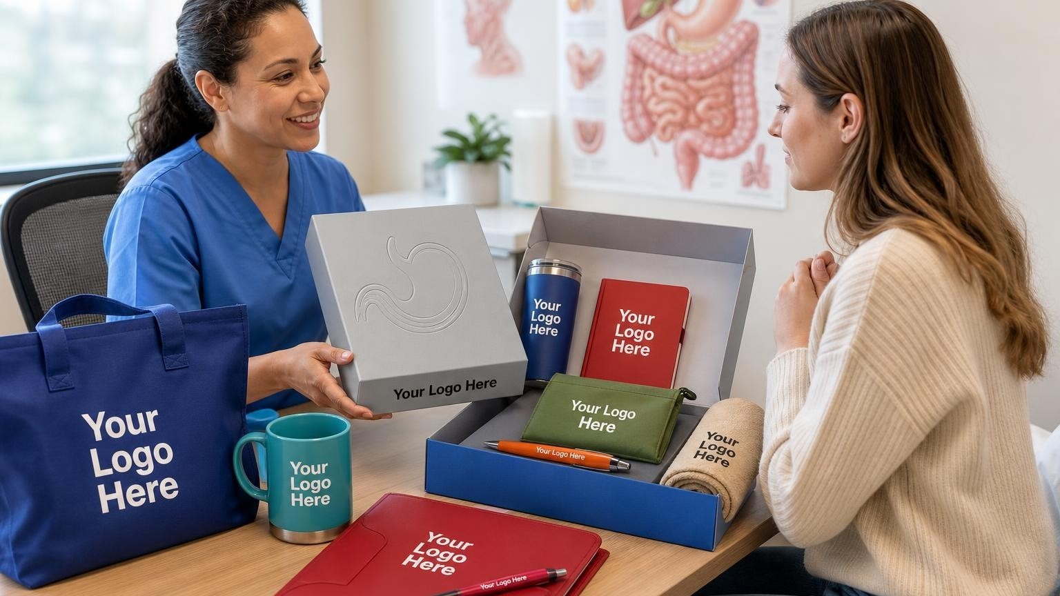 A clinical coordinator handing a custom health care kit box to a patient in a gastroenterology clinic consultation room.