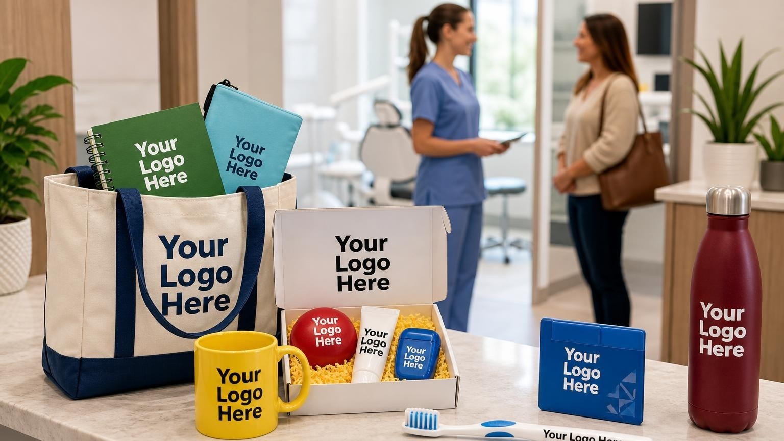 A customized soft-bristle toothbrush and magnetic appointment card holder on a dental office reception counter.