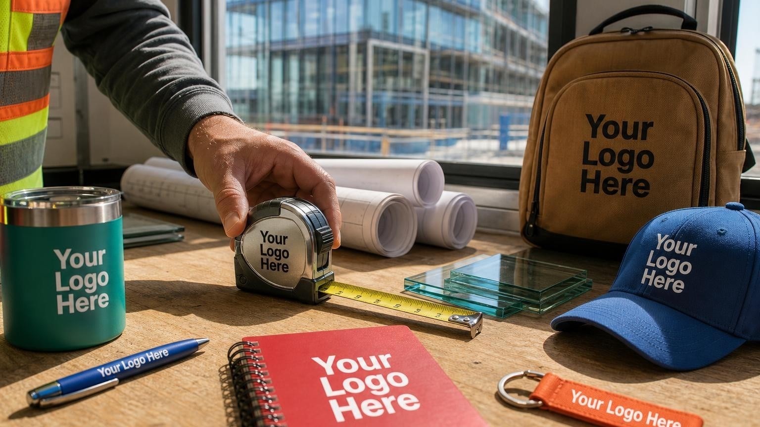 A custom steel tape measure on a desk in a glazing contractor's jobsite trailer, with blueprints and a curtain wall in the background.
