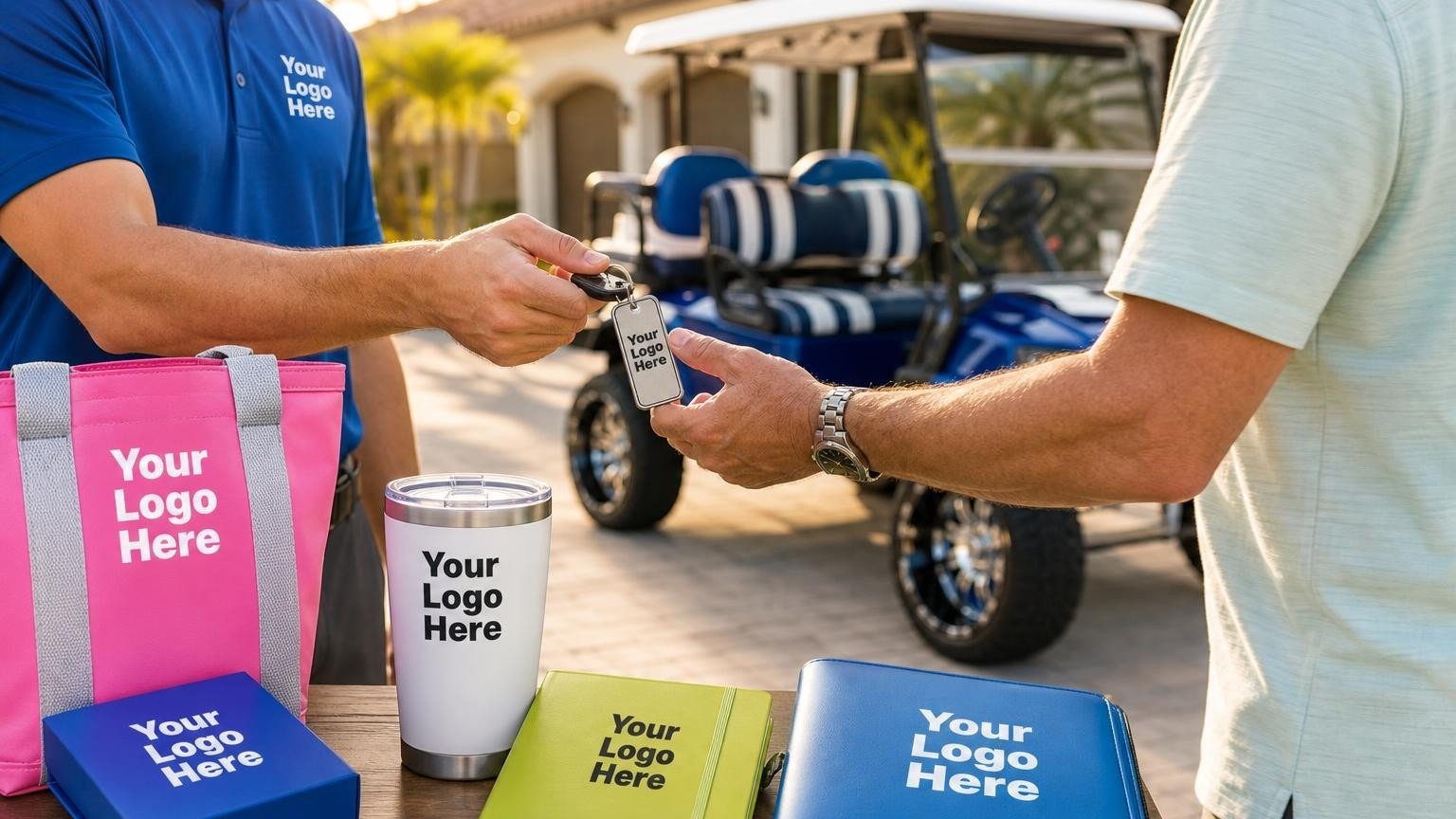 A professional delivery driver handing a custom-branded metal key tag to a new golf cart owner in a master-planned community driveway.