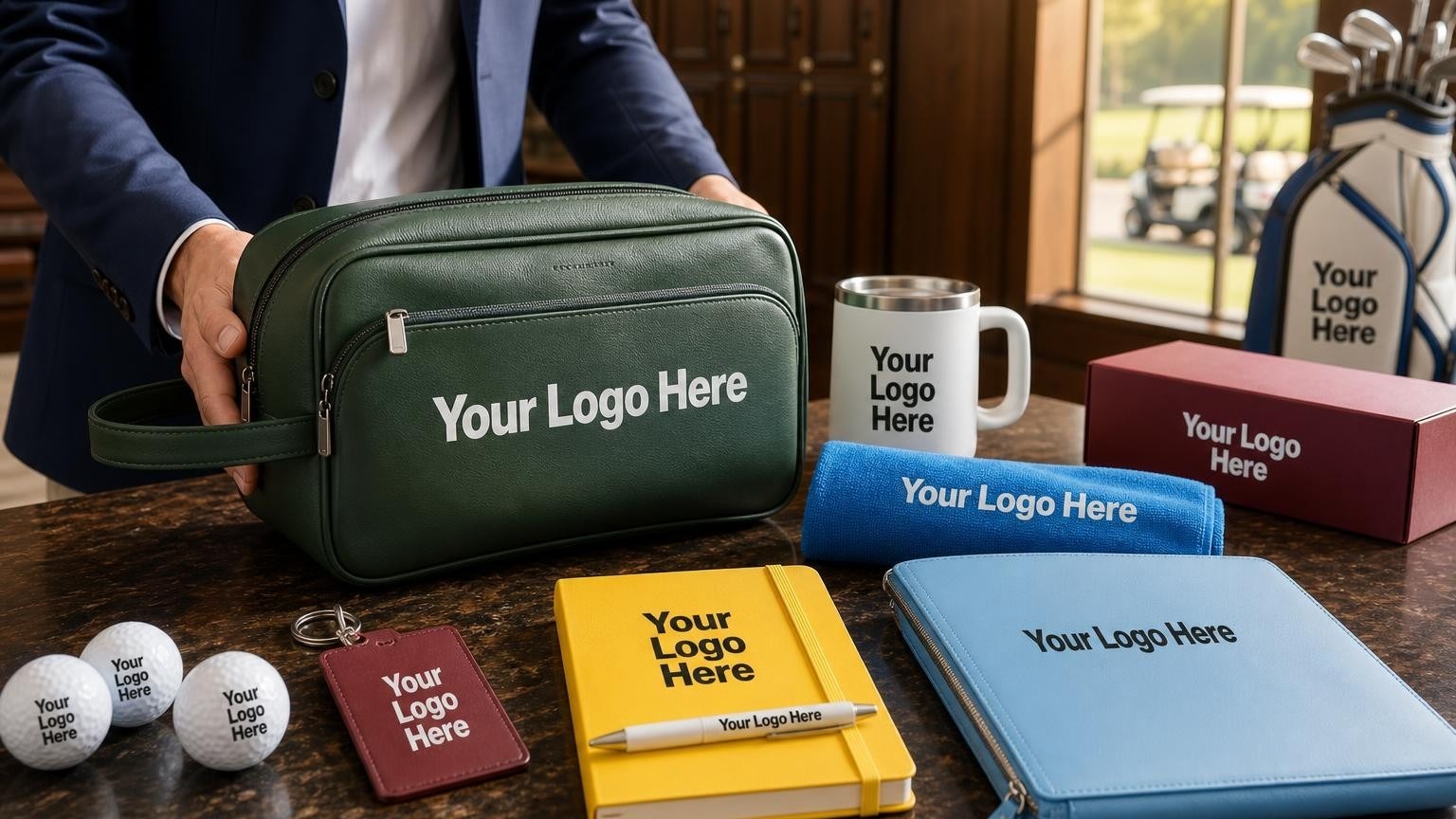 A high-end leather shoe bag and microfiber golf towel on a locker room bench, prepared as a new member welcome gift.