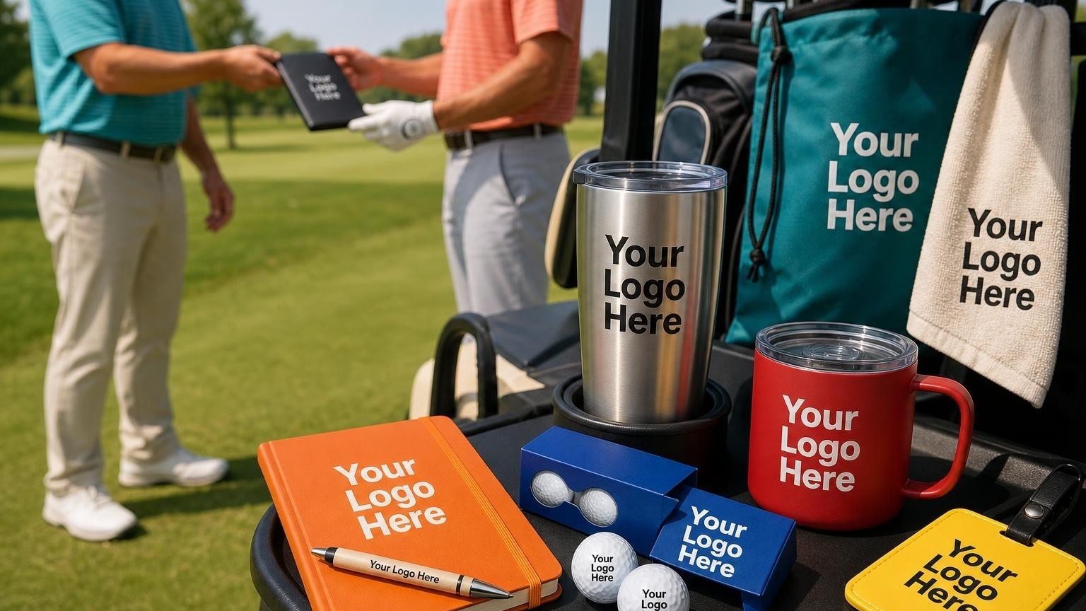 A high-end custom tumbler sitting in a golf cart cup holder with a pro shop staff member and golfer in the soft-focus background.