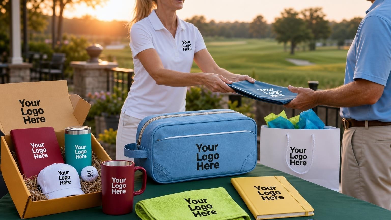 A high-end zippered canvas shoe bag and microfiber golf towel on a country club registration table at dawn, with a blurred golf course in the background.