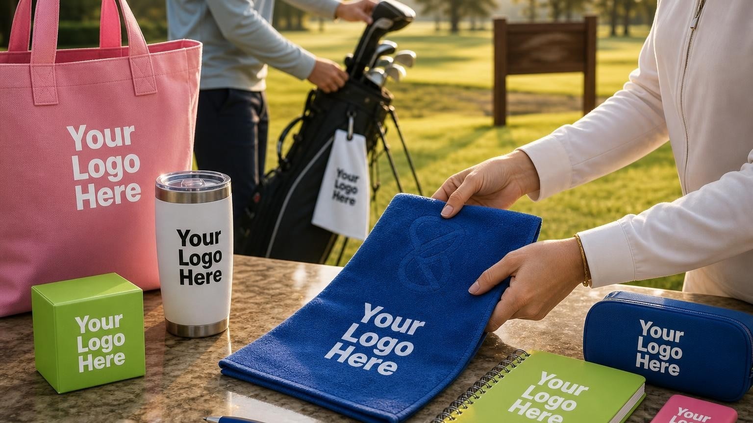 A premium microfiber golf towel with a subtle debossed emblem clipped to a golf bag on a sunny tee box.