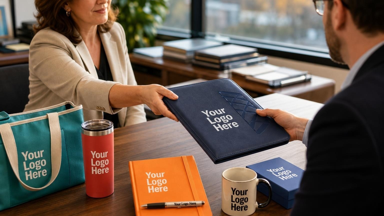 A professional municipal finance director handing a custom debossed portfolio to an auditor at a desk with financial ledgers.