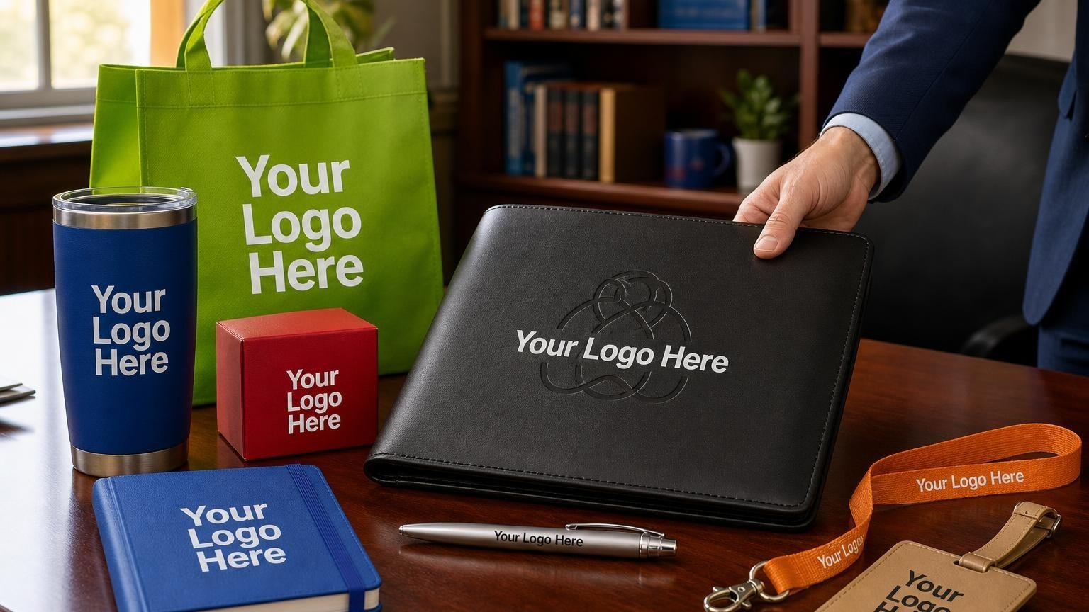 A custom debossed leather portfolio and metal pen on a polished desk in a graduate school office.