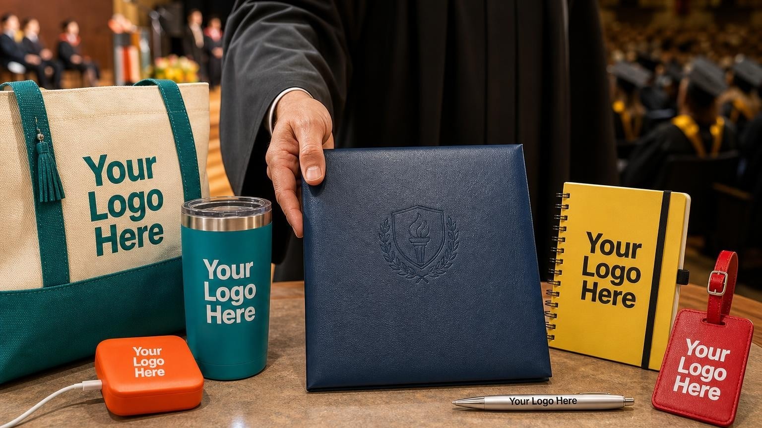 A graduate holding a high-quality debossed diploma cover on stage during a commencement ceremony.