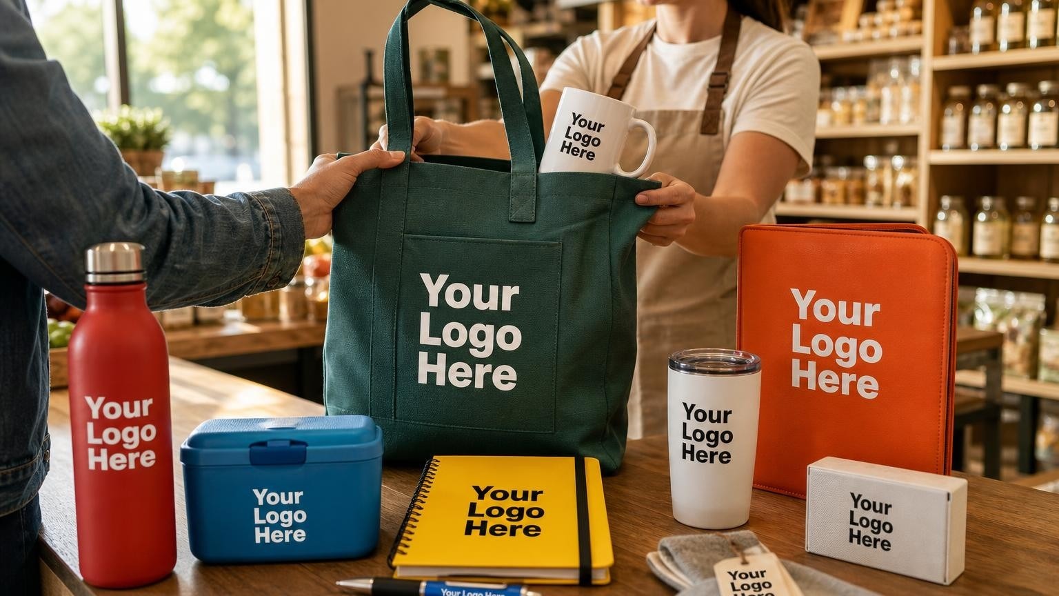 A custom canvas tote bag and ceramic mug displayed on a wooden counter inside a newly opened boutique grocery store, representing high-quality grand opening giveaways.